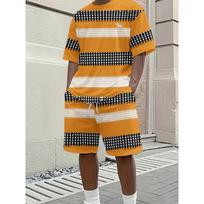 Men's Hip Hop Style Set: Vibrant Orange with Contrast Checkered Motif & Shorts. Trendy Urban Fashion Plus Size for Outdoor & City Walk S įvairiaspalvis