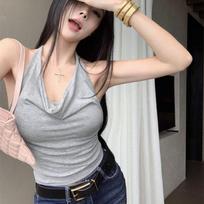 Spice girl swinging collar sexy backless temperament suspender vest summer slim new design sleeveless outer wear short top S pilka spalva