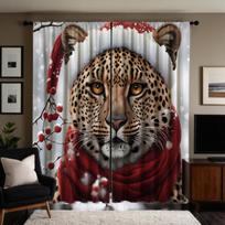 2Pcs Set Hd Leopard Decorative Curtain With Santa Hat Yellow Tie Digital Printed Curtain Home Decoration Style Decoration Liv W52H63inchW132H160cm