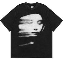 Harajuku 2024 Summer Unisex Washed Tshirt Black Streetwear Red Face Graphic Clothes Print Short Sleeve Top Cotton Loose Hipster Y2K S