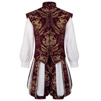 Men's Renaissance Style Stage Costume Sleeveless Brocade Vest with Long Sleeve Shirt and Matching Shorts for Role Play Performance M raudona
