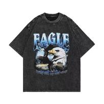 Vintage Washed Black Eagle Print T-Shirt Retro Bald Eagle Lightning Graphic Oversized Tee Casual Letter Shirt S