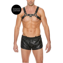 Ouch By Shots Bulldog Leather Chest Harness S/M - Adjustable Straps, Juodas Bonded Leather