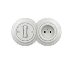 Reblig -Retro vienpolinis jungiklis Nr. 1 ir 230 V rozetė su keraminiu baltu rėmeliu