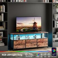 Išmanusis TV stendas, skirtas iki 55 colių televizoriams, 3 audinio stalčiai ir LED apšvietimas, 137 cm, svetainei, rudas