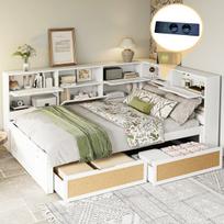 Medinė lova 140x200 cm, stalčius, multifunction, USB įkrovimas, balta