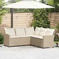 Lauko baldų komplektas L formos sofa su pagalvėlėmis, smėlio spalvos, poliratanas