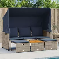 Sodo sofa, 3 vietų, su stogeliu ir taburetėmis, pilka, poliratanas