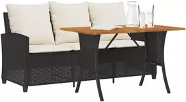 Sodo sofa, 3 vietų, su pagalvėlėmis ir stalu, juoda, poliratanas