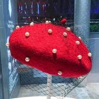 Mesh Beret Women's Spring Autumn Fashion Versatile Retro Lace Painter Hat M（56-58cm） raudona