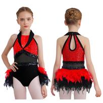 Kids Stage Performance Costume Turn-Down Collar Sleeveless Sheer Mesh Keyhole Back Sequins Leotard 5-6 Years raudona