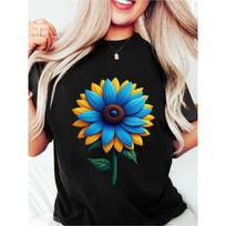Wo Vibrant Sunflower Graphic Tee - Black Short Sleeve Crew Neck Casual Summer Top with Colorful Floral Design S juoda