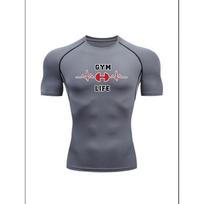 Men'S Grey  Gym Life  Heartbeat Dumbbell Print Compression T-Shirt, Quick Dry Short Sleeve Gym Workout Tee, Muscle Fit Athletic Training Top for Men S