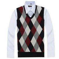 Spring and Autumn Men's Woolen Vest Stitching Color V-neck Men's Classic Business Vest Diamond College Style Vest S raudona