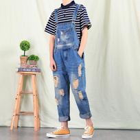 Trendy Men's Baggy Denim Dungarees with Distressed Holes, Vintage Style Suspender Pants for Summer Outfit M mėlyna