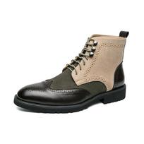 Men's Retro Green Leather High-Top Lace-Up Boots - Color Brushed, Pointed Toe, Large Size 40 žalia