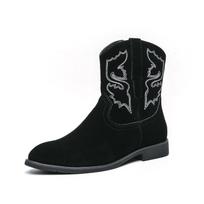 Men's Retro Embroidery Matte Leather High-Top Boots - Autumn/Winter Pointed Toe, Chunky Heel, Large Size Western Style 41