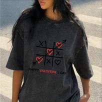 Washed Black Tic Tac Toe Valentine T-Shirt Happy Valentine Day Heart Print Crew Neck Top for Men Women S