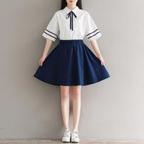 Summer Dress Japanese Mori Female Students Stitching Short Skirt Lapel Short-sleeved Fresh Women's Dress S