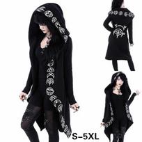 Moterų mados gotikinis paltas Mados stiliaus Punk ilgomis rankovėmis juodi gobtuvai Witch Moon Print Laisvas gobtuvas Laisvas plonas megztinis XXXXL juoda