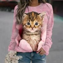 „Kawaii Cat“ moteriški marškinėliai, 3D spausdinti laisvalaikio marškinėliai ilgomis rankovėmis, negabaritiniai „Harajuku“ megztiniai, drabužiai, kasdienė palaidinė, moteriška, laisva viršutinė dalis S
