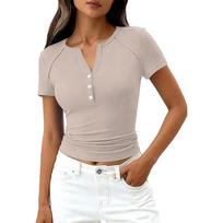 Women's Fashion Casual Color New Short-Sleeved Decorative Button V-Neck T-Shirt Top L smėlis