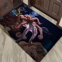 Ocean Creatures Print Doormat, Non-Slip Entrance Floor Mat with Red Octopus, Squid & Pearl Shell Design, Indoor Rug for Sea Lovers 40x60cm( 15x23in )