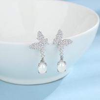 Tichia Full Diamond Butterfly Stud Earrings: Women’s S925 Sterling Silver, Niche Design with Cool White Chalcedony Dewdrop 925 Sterling Silver