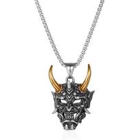 Gold Horn Ghost Mask Pendant Necklace For Men Retro Stainless Steel Chain Silver Jewelry Halloween Gift