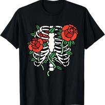 Pastel Goth Skeleton Rib Cage X-Ray And Red Roses Halloween T-Shirt S juoda