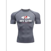 Men'S  My Gym  Dumbbell Heartbeat Compression Workout Shirt, Grey Quick Dry Short Sleeve Gym Tee, Fitness Lifestyle Training Top S