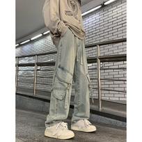Japanese Overalls Jeans Men Women Retro High Street Washed Wide Leg Straight Pants S mėlyna