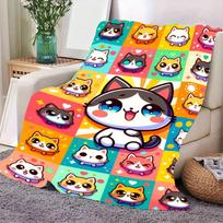 Vibrant Colorful Cute Cartoon Cats Plush Throw Blanket - Cozy Soft Fleece with Adorable Cat Grid Design featuring Happy Expressi 75cmx90cm