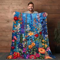 Vibrant Embroidered Floral Blanket - Colorful Wildflower Design on Blue for Nature Lovers & Cozy Home Decor 80x120cm(31x47inch)