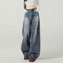 Women's High Waist Wide Leg Denim Pants Retro Blue Loose Casual Streetwear Jeans XS