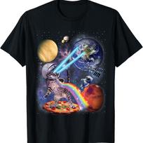 Funny Cat Flying A Pizza Astronaut in Space Galaxy Cat T-Shirt S įvairiaspalvis