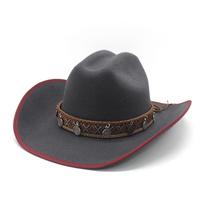 Versatile Black Woolen Ethnic Style Western Cowboy Hat for Men and Women M（56-58cm） pilka spalva