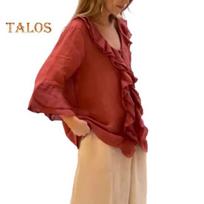 Women Shirt V-Neck 3/4 Flying Sleeve Ruffle Stitching Design Solid Color Pullover Tops Loose Fit Casual Blouse Daily Wear XXXL raudona