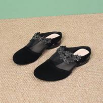 2025 new summer soft leather single shoes women's mesh yarn flat bottom hollow breathable bag head rhinestone matte mother women's half slippers 35