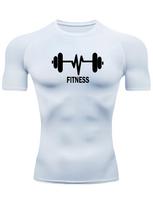 Men's White Dumbbell & Heartbeat Fitness Print Compression T-Shirt, Elastic Quick Drying Breathable Gym Workout & Sports Training Top S balta