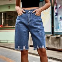 Denim Ripped Five-point Pants Fashion Raw Edge Tassel Jeans Women XS tamsiai mėlyna spalva