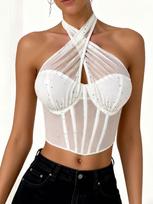 European and American Spice Girls Sexy Perspective Splicing Mesh Lace-up Neck Suspender Sequins Fishbone Rhombus Top Women S balta