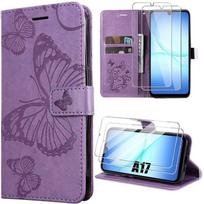 Phone Case - BOOLING - for Samsung Galaxy A17 4G/5G - PU Leather Purple Butterfly Pattern - 2 Screen Protectors violetinė