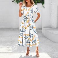Women's Summer Short Sleeve Round Neck Waistband Bohemian Flowy Maxi Dress With Pockets M smėlis