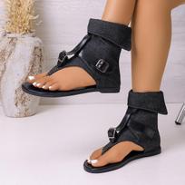 New Women's Thong Flat Gladiator Sandal Boots Back Zipper Belt Buckle Summer Boots 36 tamsiai pilka spalva