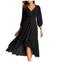 Women's Fashion V-Neck Long Sleeve Loose Slim Evening Casual Chiffon Dresses M juoda