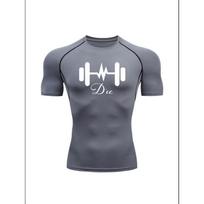 Men'S Grey Dumbbell Heartbeat  D'ce  Print Compression T-Shirt, Quick Dry Short Sleeve Gym Workout Tee, Muscle Fit Athletic Training Top for Men S
