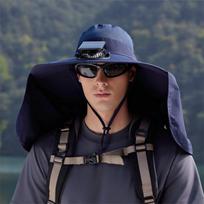 Fashion Large Brim Solar Fan Hat Breathable USB Charging Outdoor Sun Hat UV Protection with Removable Neck Flap Bucket Hat tamsiai mėlyna spalva