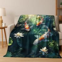 Luxurious Lucky Koi Fish Yin Yang Carp Cartoon Flannel Blanket,Cozy Soft Throw Blanket for Home Bedroom Bed Sofa Cover Gift Kid 75x90cm