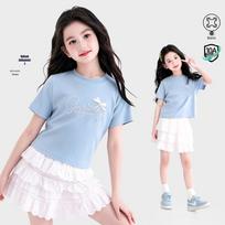 Tutu Little Elephant Girls' Sweet Rhinestone Bow Antibacterial Short Sleeve T-Shirt 120 šviesiai mėlyna spalva